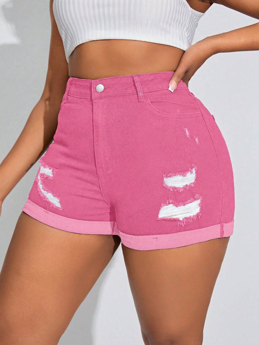 SHEIN SXY Quần short denim rách rách cỡ lớn ôm vừa vặn - Hồng - Xem 1