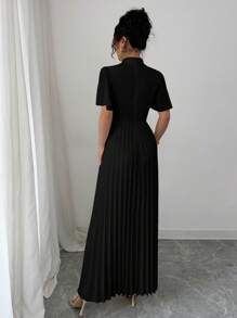 Elenzga Halloween Costume Elegant Romantic Dress For Women, Chiffon Flutter Sleeve, Stand Collar, Cinching Waist, Button Decor, Pleated Craft - Black - View 2