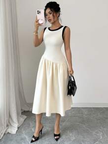 Elenzga Women's Round Neck Sleeveless Ruffle Casual Dress - Apricot - View 3