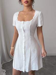 Airlisse Vestido francés elegante de manga corta con parche de encaje de unicolor para mujer