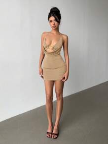 Aloruh Women's Halter Neck Knit Mini Dress,Bodycon Dress - Khaki - View 3