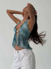 Aloruh 女士度假露背网眼性感深V领露背金属扣上衣 - 彩色 - 查看 2