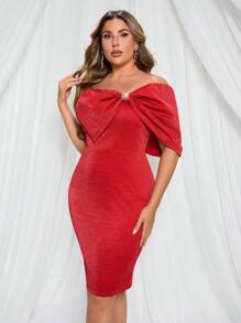 SHEIN Belle Abito elegante rosso da cerimonia taglie forti con scollo a fiocco, abito da festa, adatto per cocktail - Rosso - Visualizzare 5