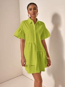Zivah 女士纯色荷叶边袖单排扣休闲衬衫裙、度假装 - 橄欖綠 - 查看 6