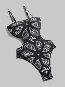 Ontre 2025 New Arrival, Beach Swimsuit, Comfortable Casual Style, Printed Pattern, Spaghetti Straps, Waist Cutout, Black & White Printed, One-Piece Swimsuit For Women, Beach Outfit, Bohemian Style Resort Wear, Summer Ins Influencer Same Style, Exotic Atmosphere, Country Music Festival, Western Style, Premium Fabric, Comfortable - Black and White - View 2