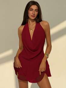 Aloruh 全新性感露背纯色挂脖深垂领不对称荷叶边下摆迷你连衣裙，适合外出 - 酒紅色 - 查看 4