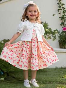 Young Girls 2pcs Outfit Cutout Short Sleeve Jacket, Ditsy Floral Strap Dress Young Girls Summer Clothes For Family Vacation, Matching Summer Commuter Style - Pink - View 1