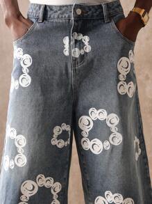 SUMWON Baggy Denim Jorts Designer Printed Circle Pattern Below Knee Length Wide Fit Summer Stylish Skater Urban Fashion Streetwear Men Jorts