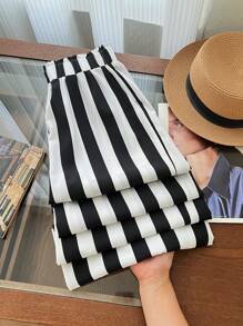 SHEIN Clasi Quần âu sọc đen trắng mới về mùa hè cho nữ (In ngẫu nhiên) - Đen và trắng - Xem 5