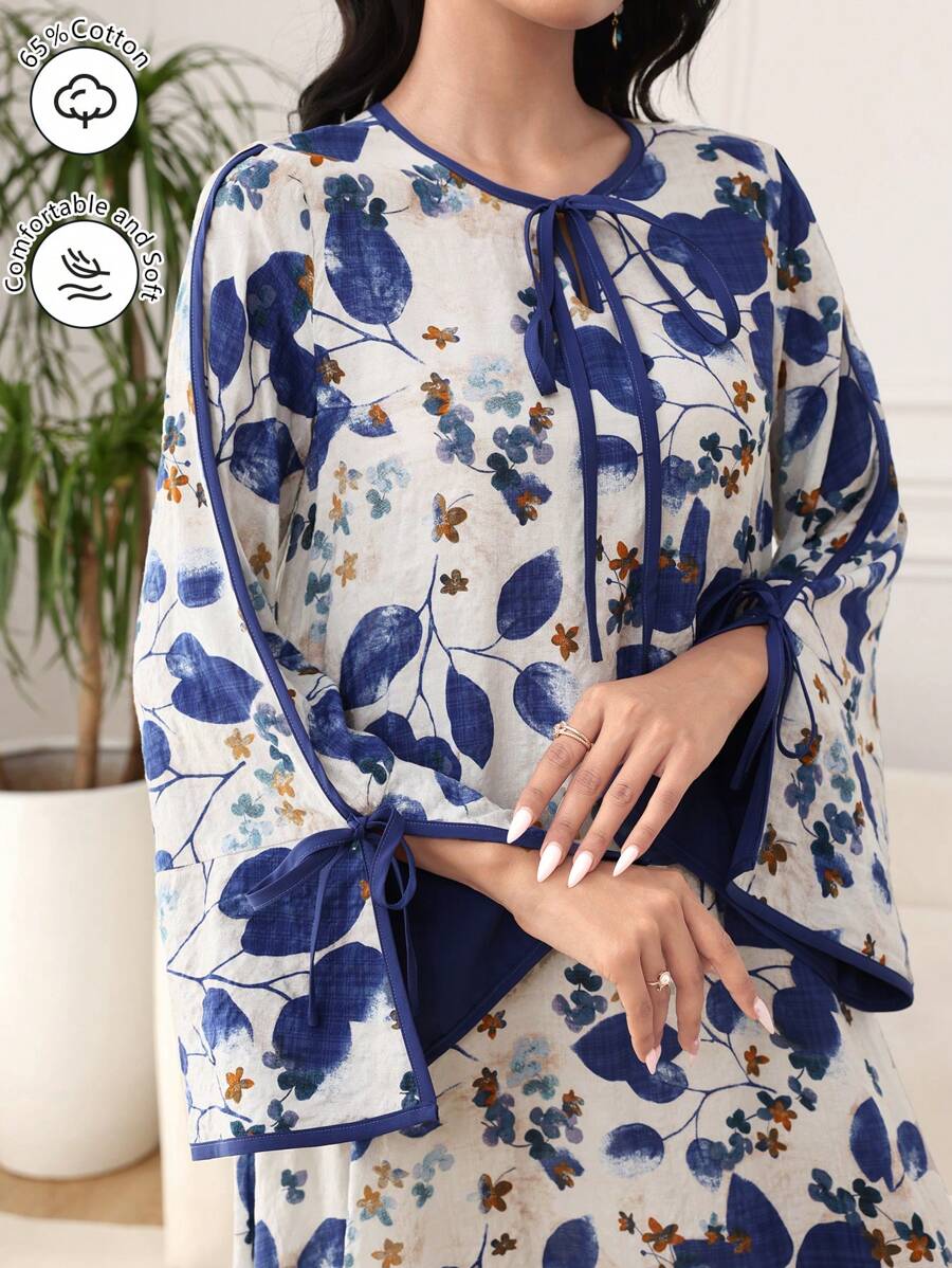 Al Najma 女士植物印花圆领撞色喇叭袖宽松连衣裙 - 寶藍色 - 查看 1