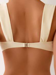 SHEIN Swim 女士纯色扭纹前开式性感比基尼套装，适合夏季海滩 - 杏色 - 查看 4