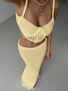 Aloruh 2 件套海滩性感手工吊带露背背心 + 高开叉长裙，适合女士春夏季度假