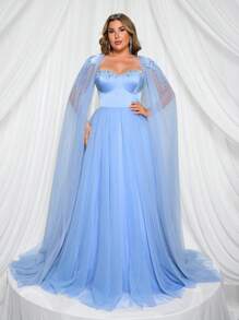 Glamrae 加大码复古优雅浪漫蓝色薄纱舞会礼服，两件套珍珠链装饰，正式晚礼服，派对礼服，适合婚礼宾客