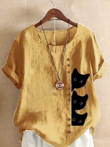 Áo sơ mi nữ tay ngắn in họa tiết dáng rộng mới về - Màu vàng - Xem 1