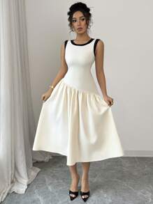 Elenzga Women's Round Neck Sleeveless Ruffle Casual Dress - Apricot - View 5