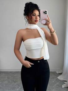 Elenzga Elegante blusa con volantes de gasa de tul para mujeres - Albaricoque - Ver 1