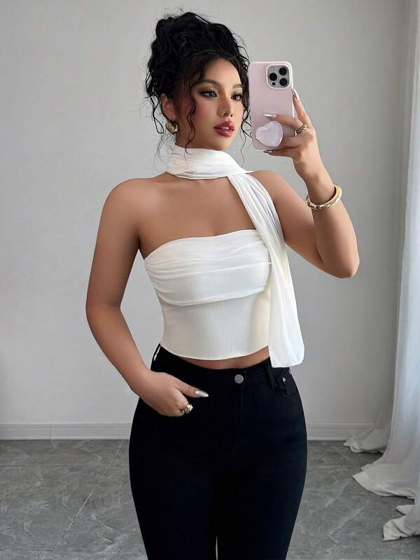 Elenzga Elegante blusa con volantes de gasa de tul para mujeres