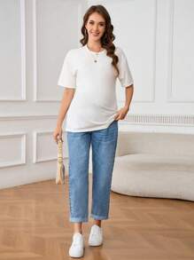 SHEIN Maternity Distressed Color Block High Waist Jeans