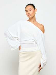 AiiRZ 露肩束身衣式裹身衬衫优雅宽喇叭袖短款上衣高级时尚度假装精致晚礼服