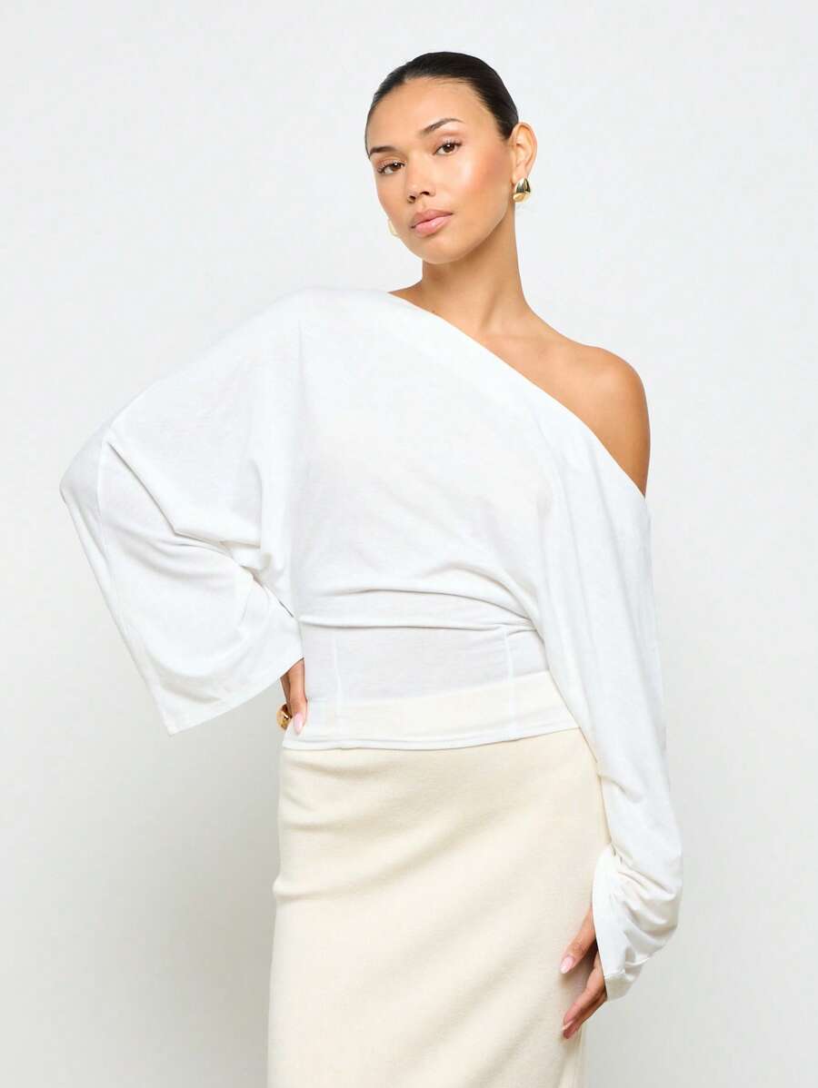 AiiRZ 露肩束身衣式裹身衬衫优雅宽喇叭袖短款上衣高级时尚度假装精致晚礼服