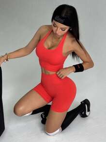 Easithlete Women Solid Color Cropped Halter Neck Tank Top & Shorts Sports Set - Red - View 4