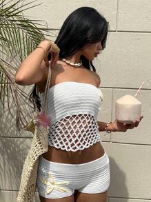 Aloruh Top tubo ajustado de mujer tejido a ganchillo con diseño calado de estrella de mar, para usar en festivales - Blanco - Ver 10