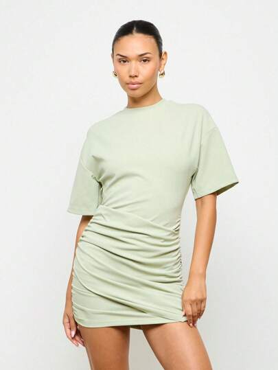 AiiRZ Ruched Side T-Shirt Mini Dress Short Sleeve Bodycon Summer Spring  Casual Day Fitted Side Gathered Detail Crewneck Modern Basic  PastelMISSGUIDED