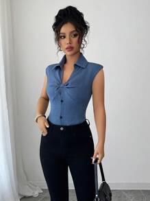 Elenzga 蝴蝶结牛仔效果设计衬衫