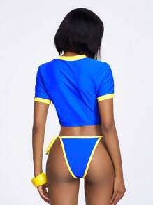 Slaydiva 2025 Summer New Music Festival, Easter, Western, Nomadic, Elegant, Party, Sexy Poolside, Beach, Sunbathing, Viral, Vacation, Lace, Sweet, Sexy, Cute, New York Slogan, Sports Jersey, Women Crew Neck Tight Short T-Shirt + Triangle Bikini Bottom Swimsuit Set - A ,Country Concert Outfit - Blue - View 2