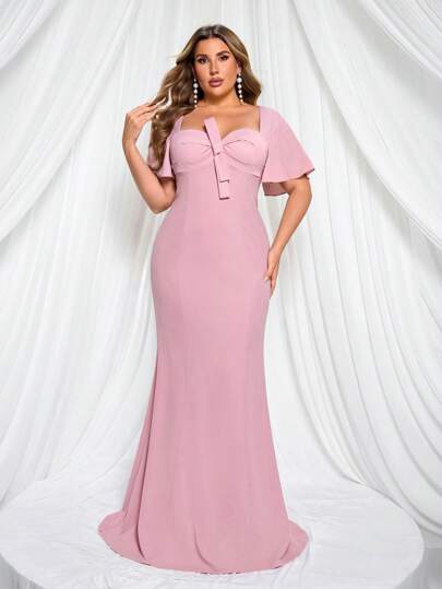 SHEIN Belle Plusstorleksklänning med rosettdekoration och puffärm, veckat chiffongtyg, lapptäcke, stickat tyg, elegant brudtärneklänning i rosa