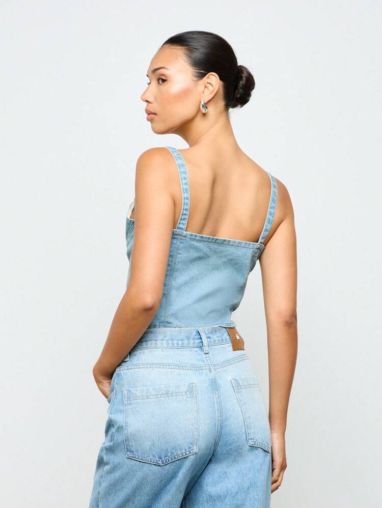 Fitted Cropped Denim Corset Button Front Top