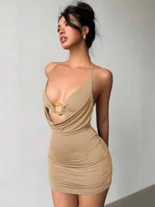 Aloruh Women's Halter Neck Knit Mini Dress,Bodycon Dress - Khaki - View 4