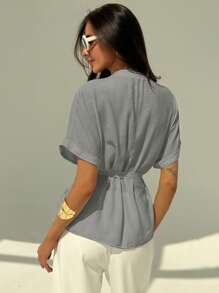 Aloruh Camisa de mujer de manga corta lisa, moda adecuada para el verano - Gris Claro - Ver 2
