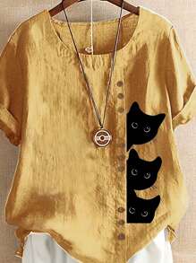 Áo sơ mi nữ tay ngắn in họa tiết dáng rộng mới về - Màu vàng - Xem 3