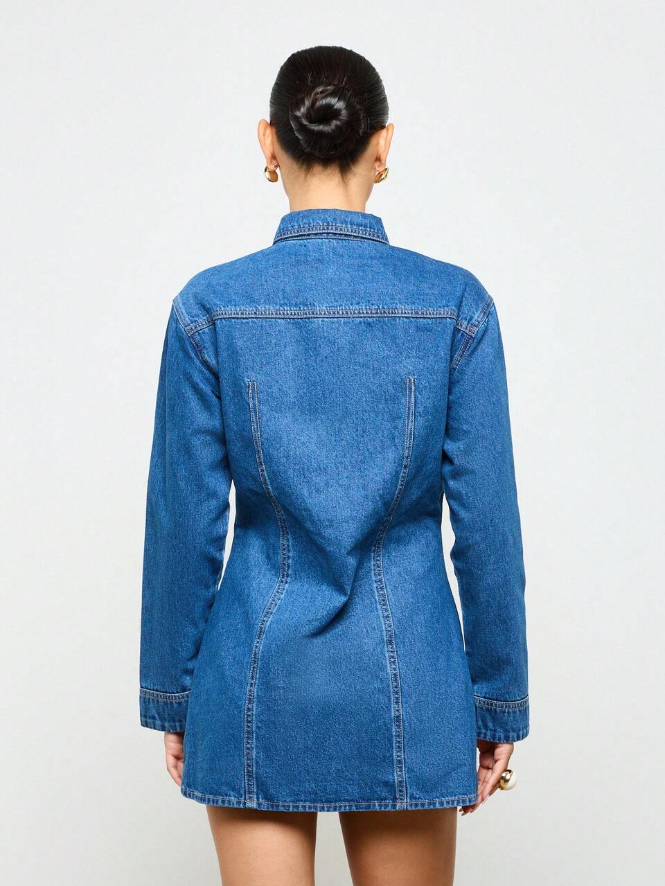 Button Front Fitted Mini Denim Dress