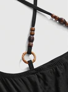 ROMWE Hippie Vintage Oversized Wood Beads Decor Batwing Sleeve Mini Dress For Women