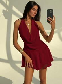 Aloruh 全新性感露背纯色挂脖深垂领不对称荷叶边下摆迷你连衣裙，适合外出 - 酒紅色 - 查看 7