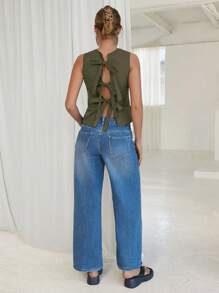 Aloruh Summer Casual Solid Backless Tie Sleeveless Blouse - Army Green - View 6