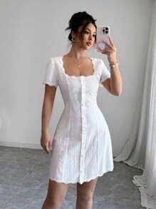 Airlisse Vestido francés elegante de manga corta con parche de encaje de unicolor para mujer