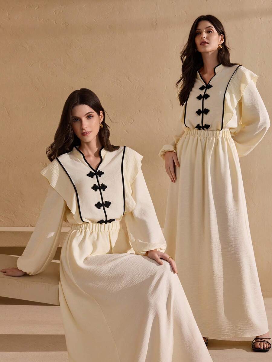 Graceveil 2 件套女士套装：中式纽扣长袖衬衫和裙套装，春夏 - 彩色 - 查看 1