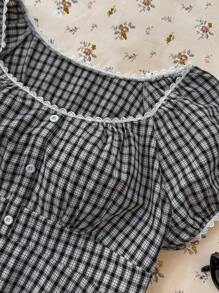 TEENGIRL Checkered Woven Casual Retro Style Short Sleeve Shirt, Summer