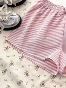 SHEIN TEENGIRL Fruit Print Short Sleeve Top And Striped Casual Shorts Set, Summer Vacation And Picnic Outfits Young Girls Sets Summer Outfits For Girls Outfits For Girls Summer Summer Outfits For Girl Summer Outfit For Girls - Pink - View 7