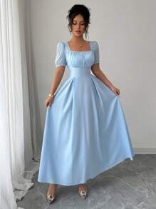 Elenzga Elegant Pleated Design Blue Dress With Cinched Waist, Square Collar, Slim Fit, Chic French Style - Blue - View 3