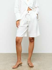 AiiRZ Linen Feel Tailored Bermuda Shorts Boardroom Resort Beach Drawstring Waist Professional Bottoms Spring Collection Office Casual Dressy,Linen Pants - White - View 1