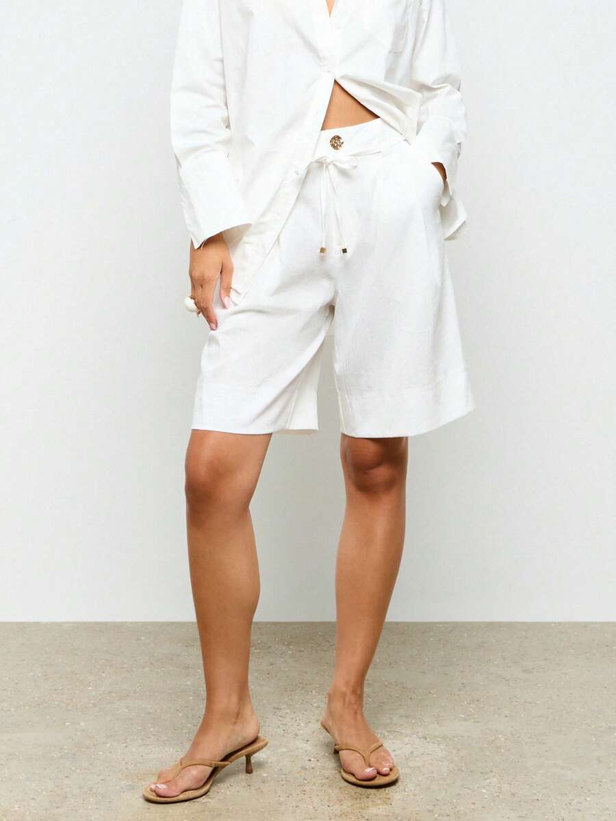 AiiRZ Linen Feel Tailored Bermuda Shorts Boardroom Resort Beach Drawstring Waist Professional Bottoms Spring Collection Office Casual Dressy,Linen Pants - White - View 1
