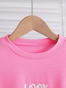 2pcs Young Girls 3D Bow Letter Print Split Hem T-Shirt And Minimalist Casual Shorts Set - Multicolor - View 4