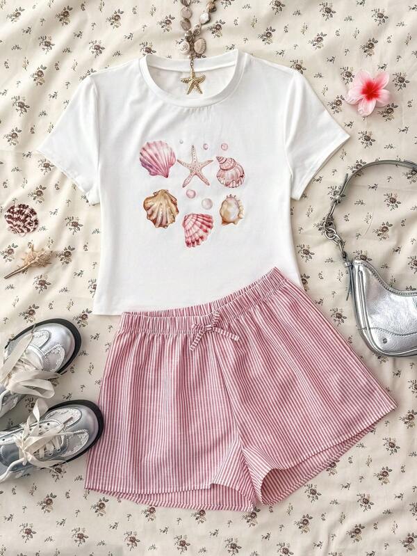 Teenager Mädchen Set aus kurzärmeliger Top mit Obst-Muster und gestreifter Lässig-Shorts, Sommer-Urlaubsoutfit und Picknick-Kleidung