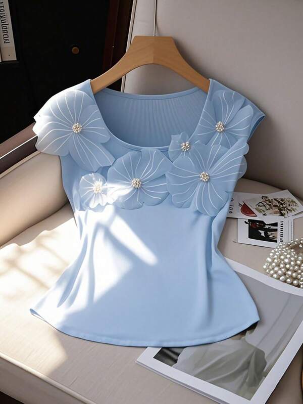 Elenzga Tricou albastru elegant de damă, cu decorațiuni florale 3D de mărgele în relief