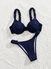 Swim Mod 2pcs/Set Women Spring Break Summer Beachwear - Solid Color Ruched Floral Fabric Thick Strap Steel Bra Cute Bikini Set Navy Blue Royal Blue Victoria Secret - Navy Blue - View 3