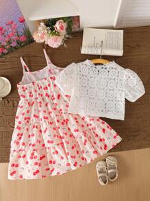 Young Girls 2pcs Outfit Cutout Short Sleeve Jacket, Ditsy Floral Strap Dress Young Girls Summer Clothes For Family Vacation, Matching Summer Commuter Style - Pink - View 2